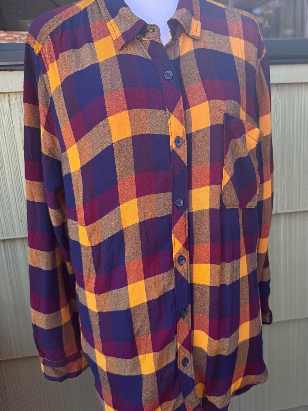 Time and Tru Purple Yellow Plaid Button-Down Shirt